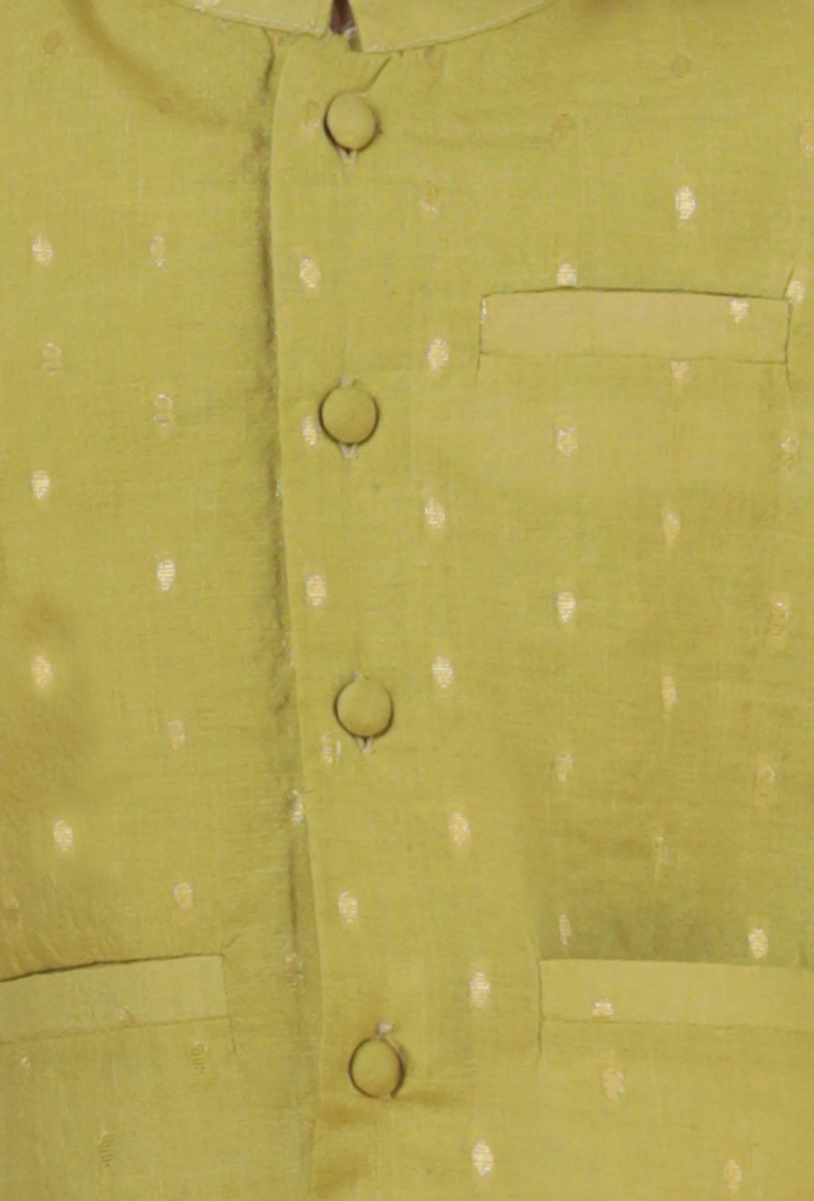 Set Of 3: Golden Chanderi Kurta, Pajama & Green Buti Nehru Jacket