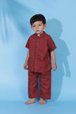 Set of 2- Carmine Red khadi cotton front open shirt paired with carmine red khadi cotton pant