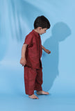 Set of 2- Carmine Red khadi cotton front open shirt paired with carmine red khadi cotton pant