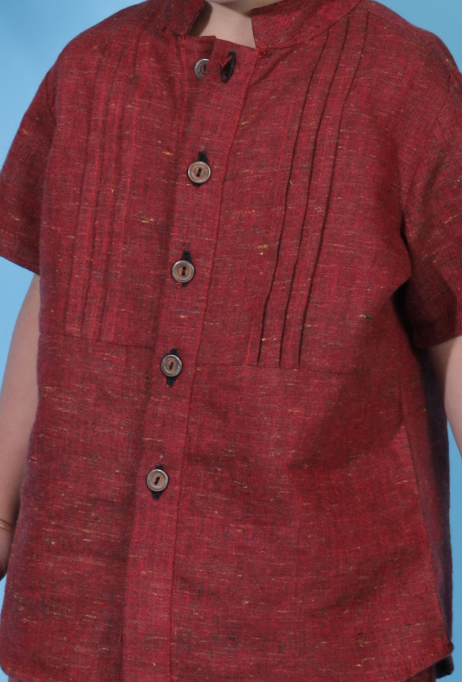 Set of 2- Carmine Red khadi cotton front open shirt paired with carmine red khadi cotton pant