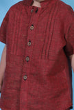Set of 2- Carmine Red khadi cotton front open shirt paired with carmine red khadi cotton pant
