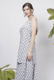 Set-of-2 Powder Blue Criss Cross Hand-Block Printed Cotton Slip and Criss Cross Hand Block Flared Palazzo