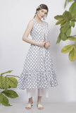 Powder Blue Criss Cross Block-Printed Gathered Sleeveless Cotton Cape