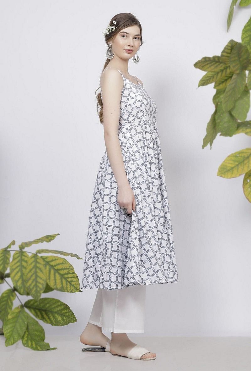 Set of-2 Powder Blue Criss Cross Hand-Block Printed Cotton Slip Kurta with White Cotton Flared Palazzo