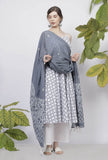 Set-of 3- Powder Blue  Criss Cross Hand-Block Printed Cotton Slip Kurta with White Flared Palazzo and Powder Blue Hand-Block Printed Kota  Dupatta