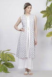Powder Blue Criss Cross Hand-Block Printed Cotton Sleeveless Cape