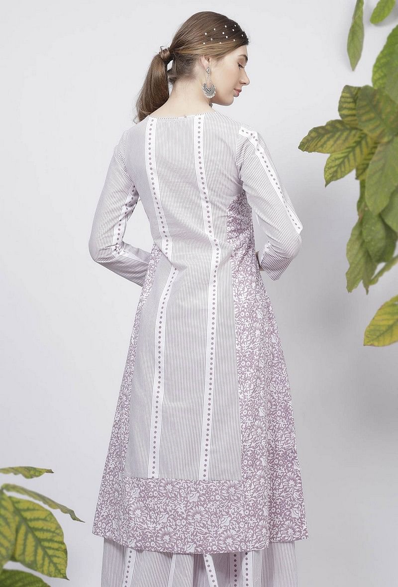 Lilac Floral Stripes Hand-Block Printed A line Cotton Kurta