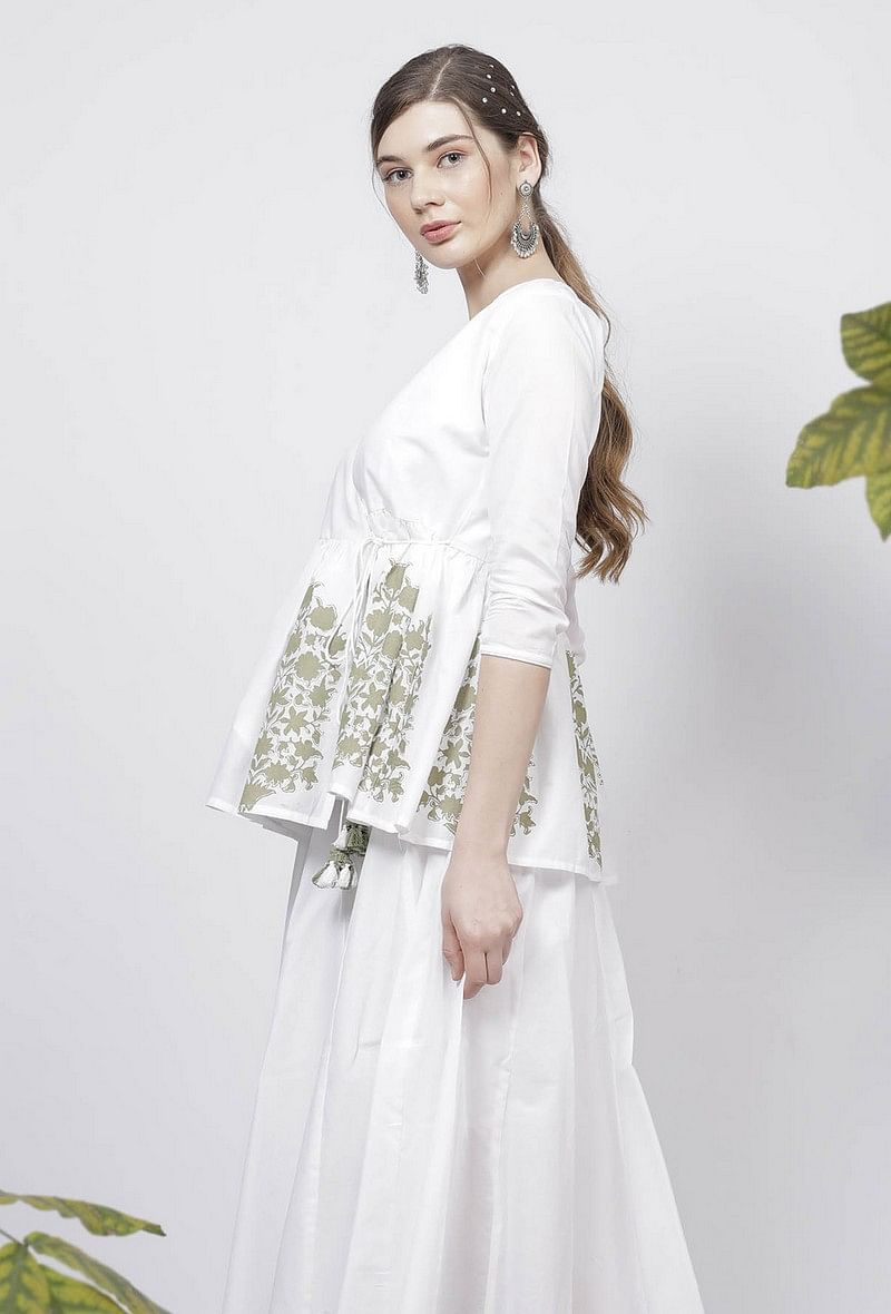 Sage Green Floral Hand-Block Printed V Neck Cotton Angrakha Top