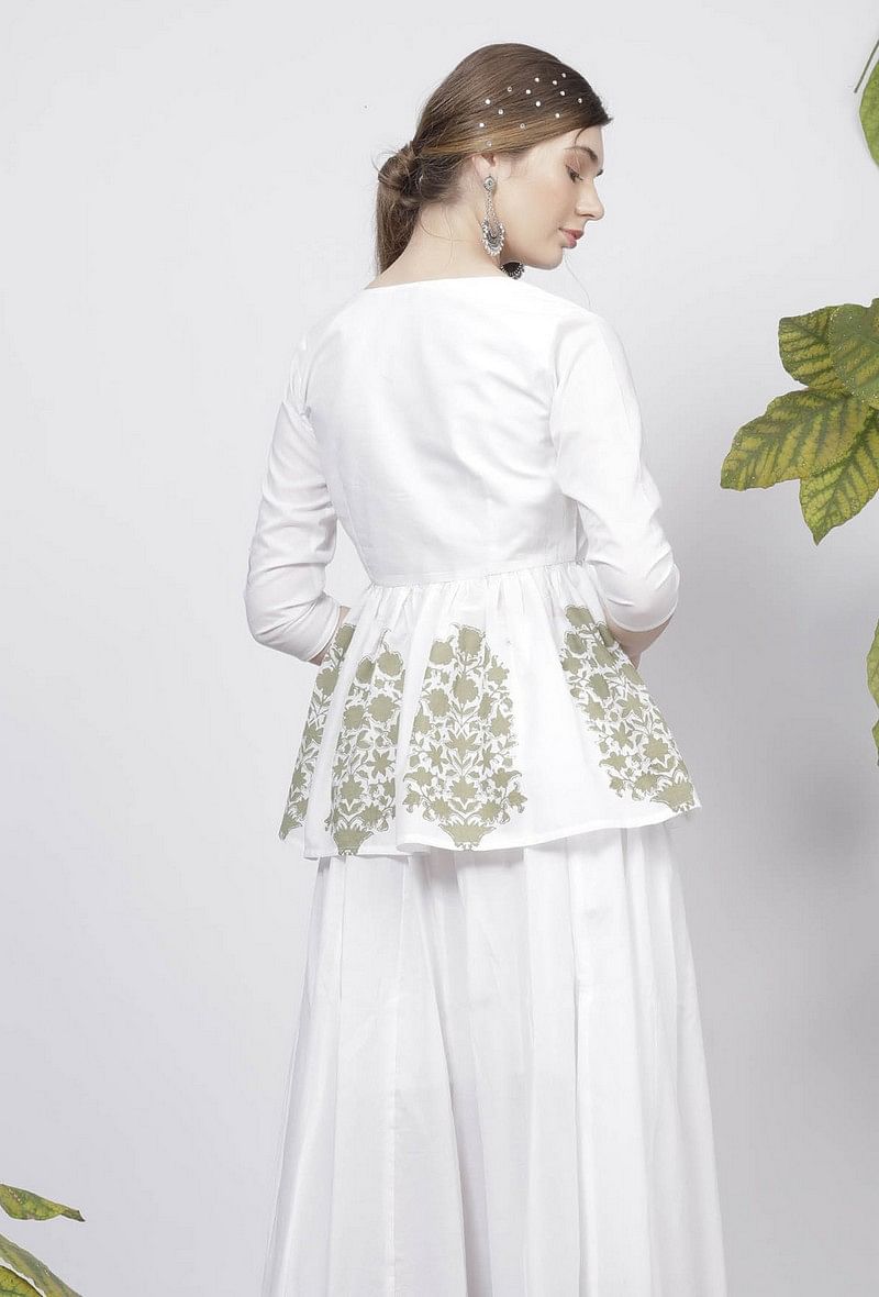 Sage Green Floral Hand-Block Printed V Neck Cotton Angrakha Top