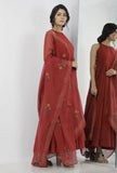 Set of 2: Gerua Plain Maroon Cotton Halter Neck Flared Dress with Kota Border and Floral Block Printed Kota Dupatta