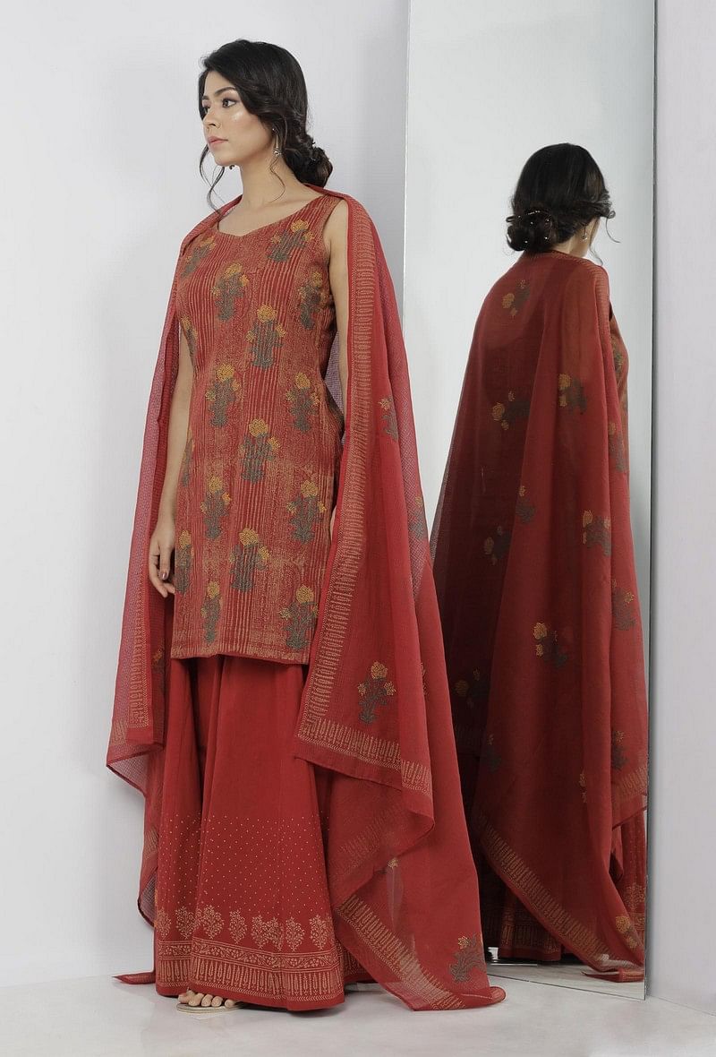 Set of 3: Gerua Maroon Floral Hand-Block Printed Sleeveless Cotton Short Kurta with Printed Cotton Palazzo and Floral Hand-Block Printed Kota Dupatta