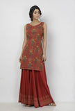 Set of 2: Gerua Maroon Floral Hand-Block Printed Sleeveless Cotton Short Kurta with Printed Cotton Palazzo