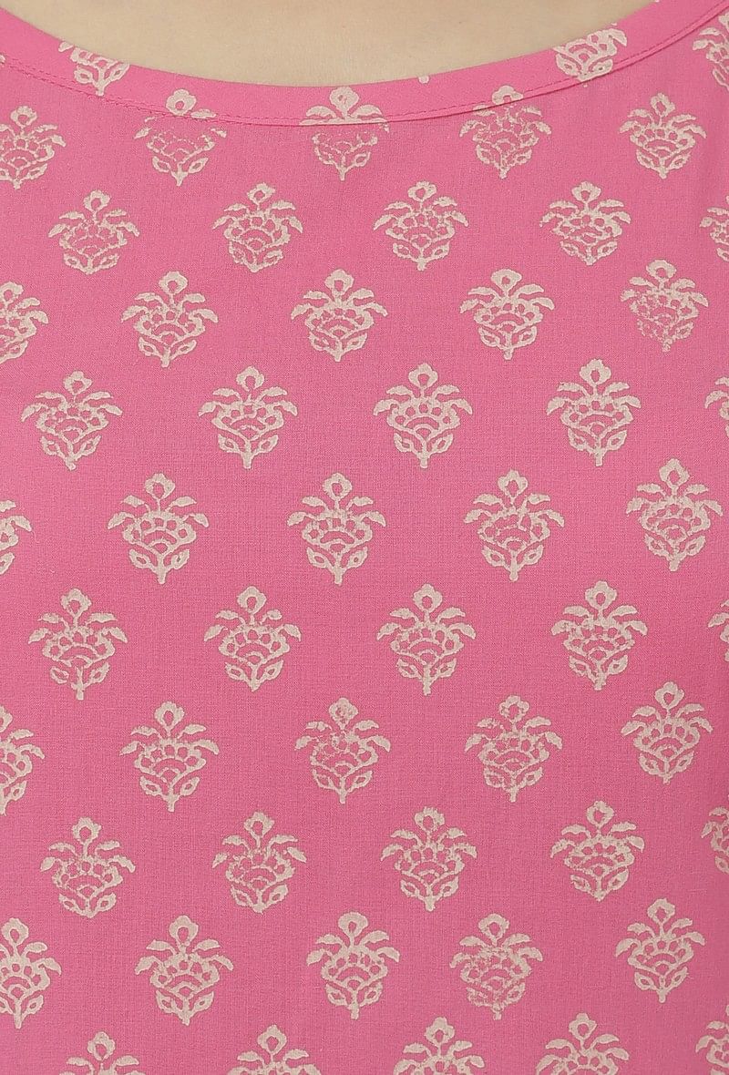 Set of 3: Gul Pink Buti Hand-Block Printed Cotton Slip with Plain Flared Palazzo and Floral Hand-Block Printed Kota Dupatta
