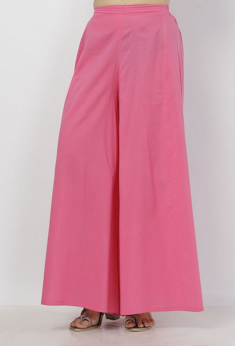 Gul Pink Plain Flared Cotton Palazzo