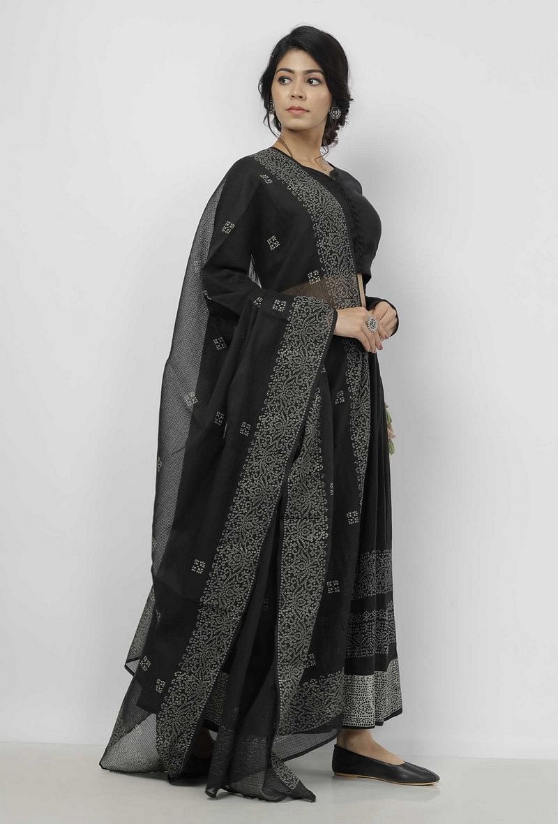 Set of 3: Kaani Black and White Hand-Block Printed Tasseled Kota Kali Skirt and Plain Black Full Sleeves Kota Blouse with Black and White Hand Block Printed Kota Dupatta