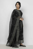 Set of 3: Kaani Black and White Hand-Block Printed Tasseled Kota Kali Skirt and Plain Black Full Sleeves Kota Blouse with Black and White Hand Block Printed Kota Dupatta