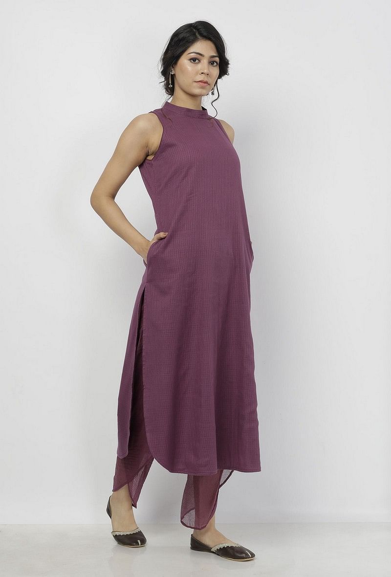 Iya Plain Purple Halter Neck Straight Fit Kota Kurta