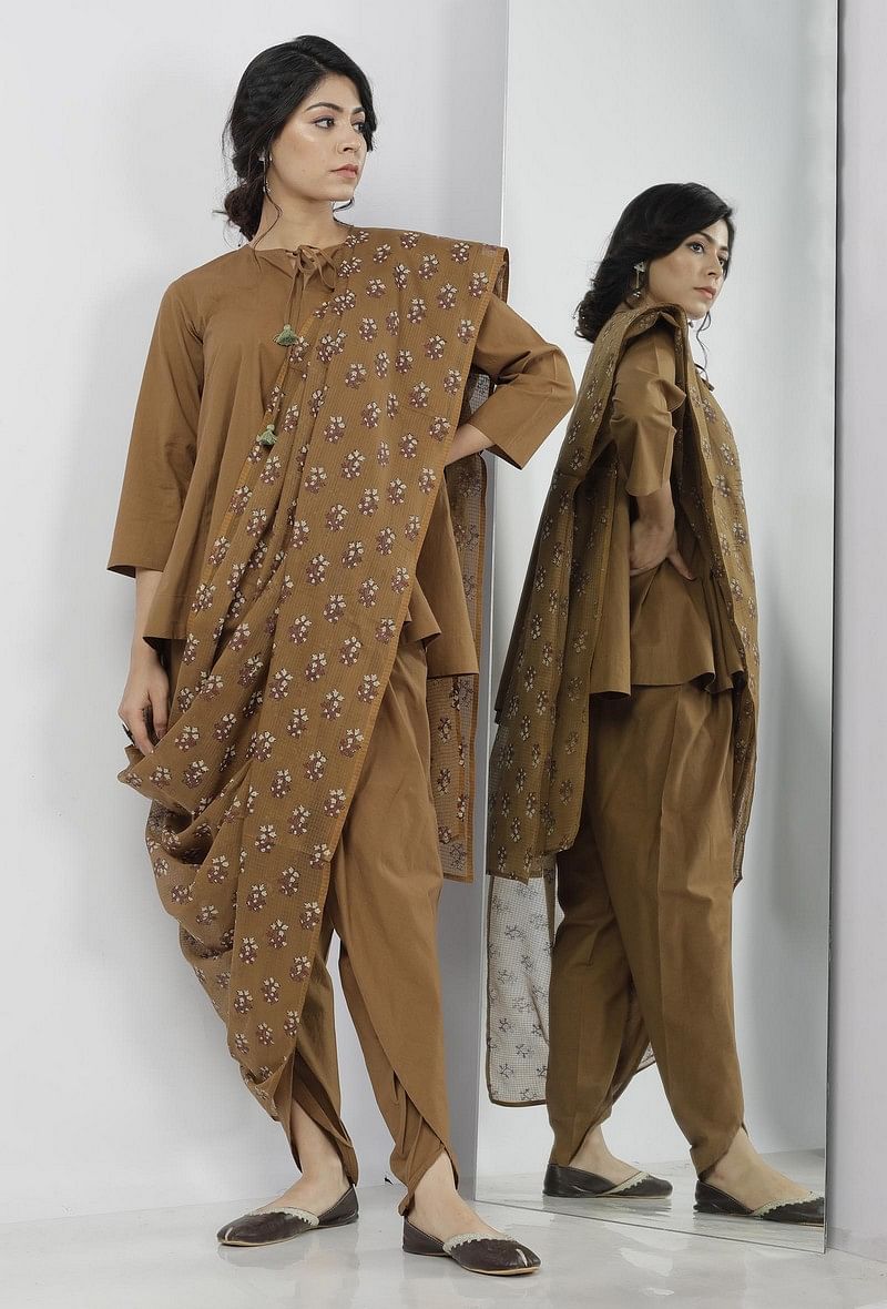 Set of 3: Kanak Beige Plain Cotton Round Neck Gathered Tie Up Top with Plain Cotton Beige Dhoti and Floral Motifs Hand-Block Printed Kota Saree Drape