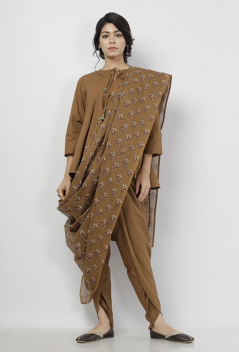 Set of 3: Kanak Beige Plain Cotton Round Neck Gathered Tie Up Top with Plain Cotton Beige Dhoti and Floral Motifs Hand-Block Printed Kota Saree Drape