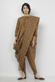 Set of 3: Kanak Beige Plain Cotton Round Neck Gathered Tie Up Top with Plain Cotton Beige Dhoti and Floral Motifs Hand-Block Printed Kota Saree Drape