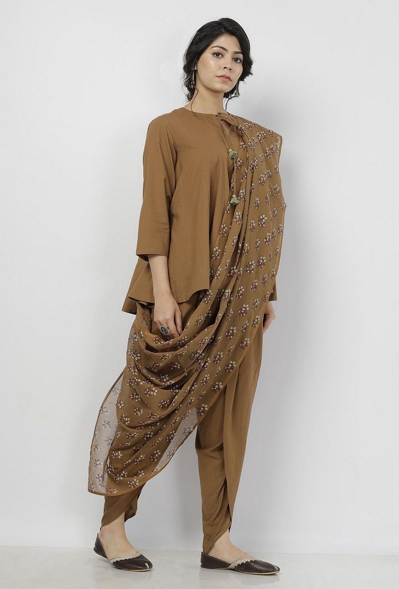 Set of 3: Kanak Beige Plain Cotton Round Neck Gathered Tie Up Top with Plain Cotton Beige Dhoti and Floral Motifs Hand-Block Printed Kota Saree Drape