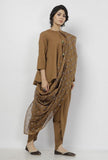 Set of 3: Kanak Beige Plain Cotton Round Neck Gathered Tie Up Top with Plain Cotton Beige Dhoti and Floral Motifs Hand-Block Printed Kota Saree Drape
