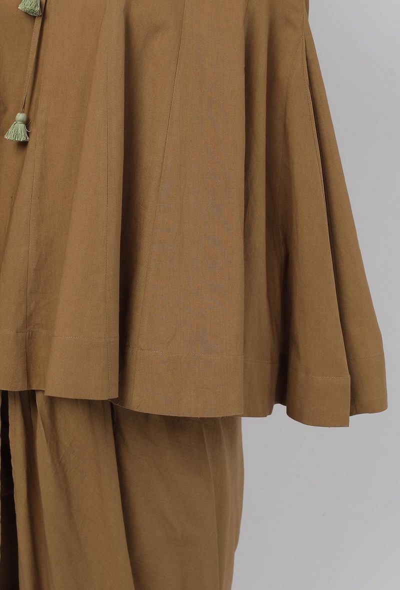 Set of 3: Kanak Beige Plain Cotton Round Neck Gathered Tie Up Top with Plain Cotton Beige Dhoti and Floral Motifs Hand-Block Printed Kota Saree Drape
