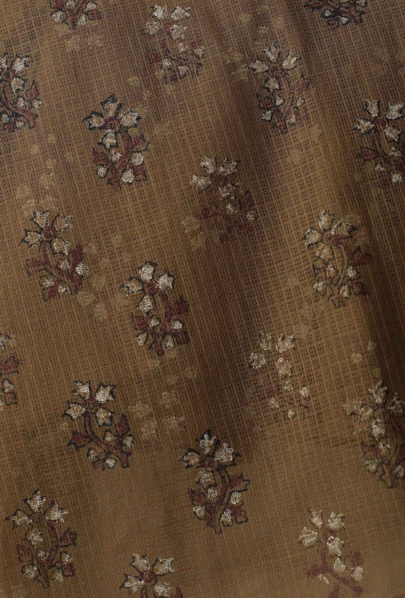Set of 3: Kanak Beige Plain Cotton Round Neck Gathered Tie Up Top with Plain Cotton Beige Dhoti and Floral Motifs Hand-Block Printed Kota Saree Drape