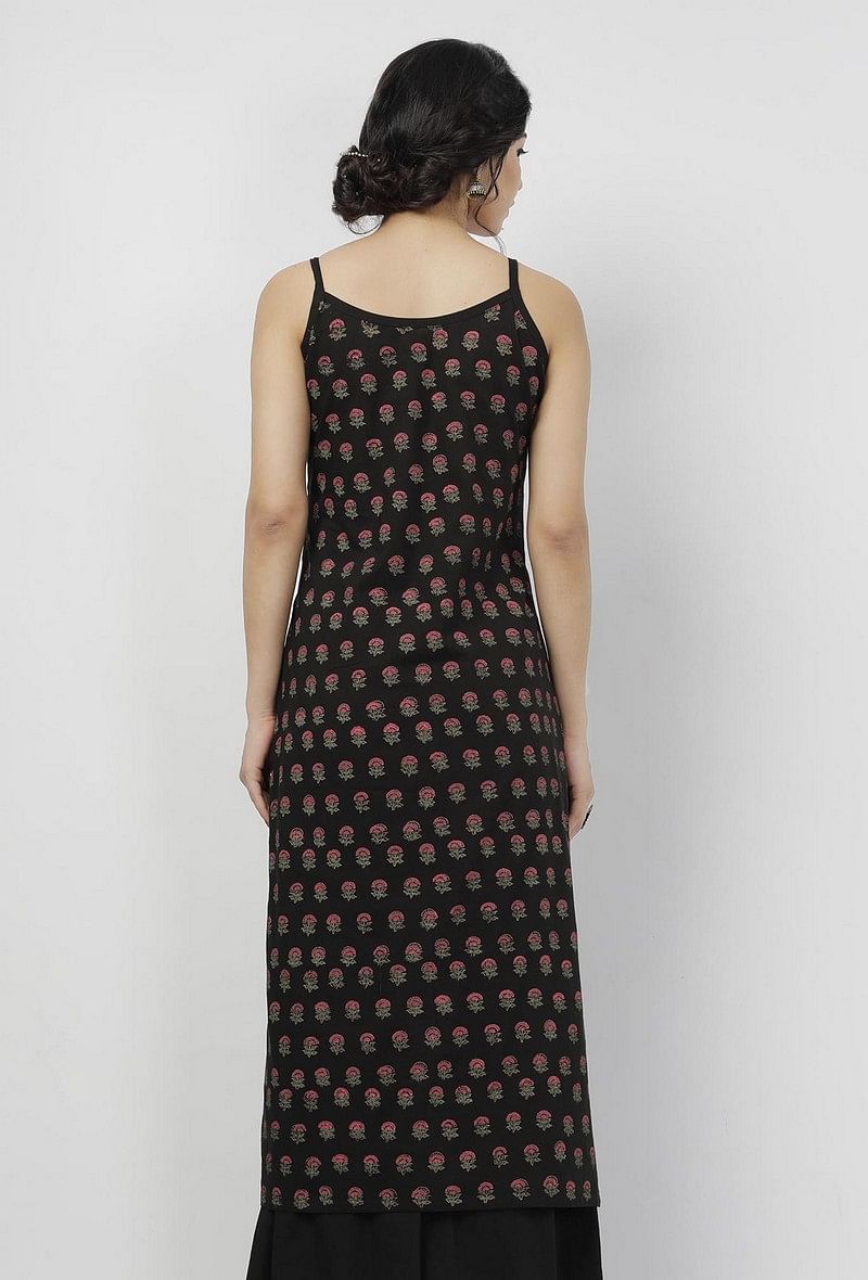 Kani Black Floral Buti Hand-Block Printed Cotton Slip