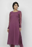 Iya Purple Round Neck Straight Fit Cotton and Kota Sleeves Plain Kurta