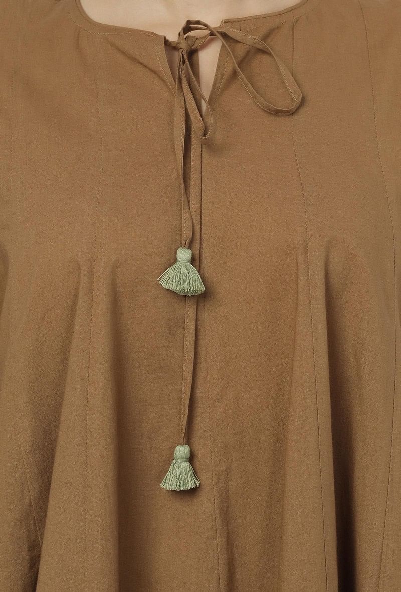 Kanak Beige Plain Round Neck Gathered Tie Up Top