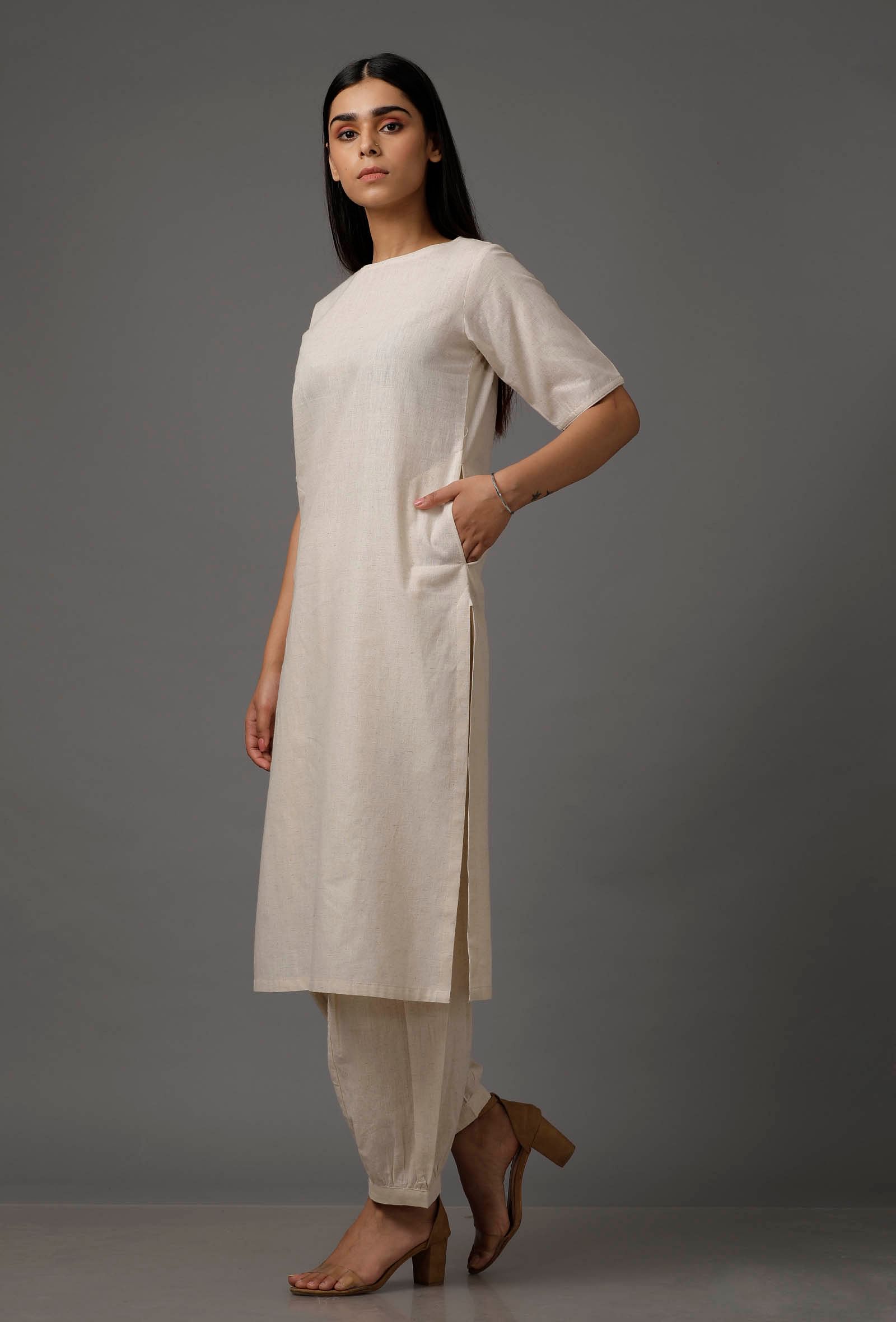 Set of 2: White Pure cotton Kurta with Pants