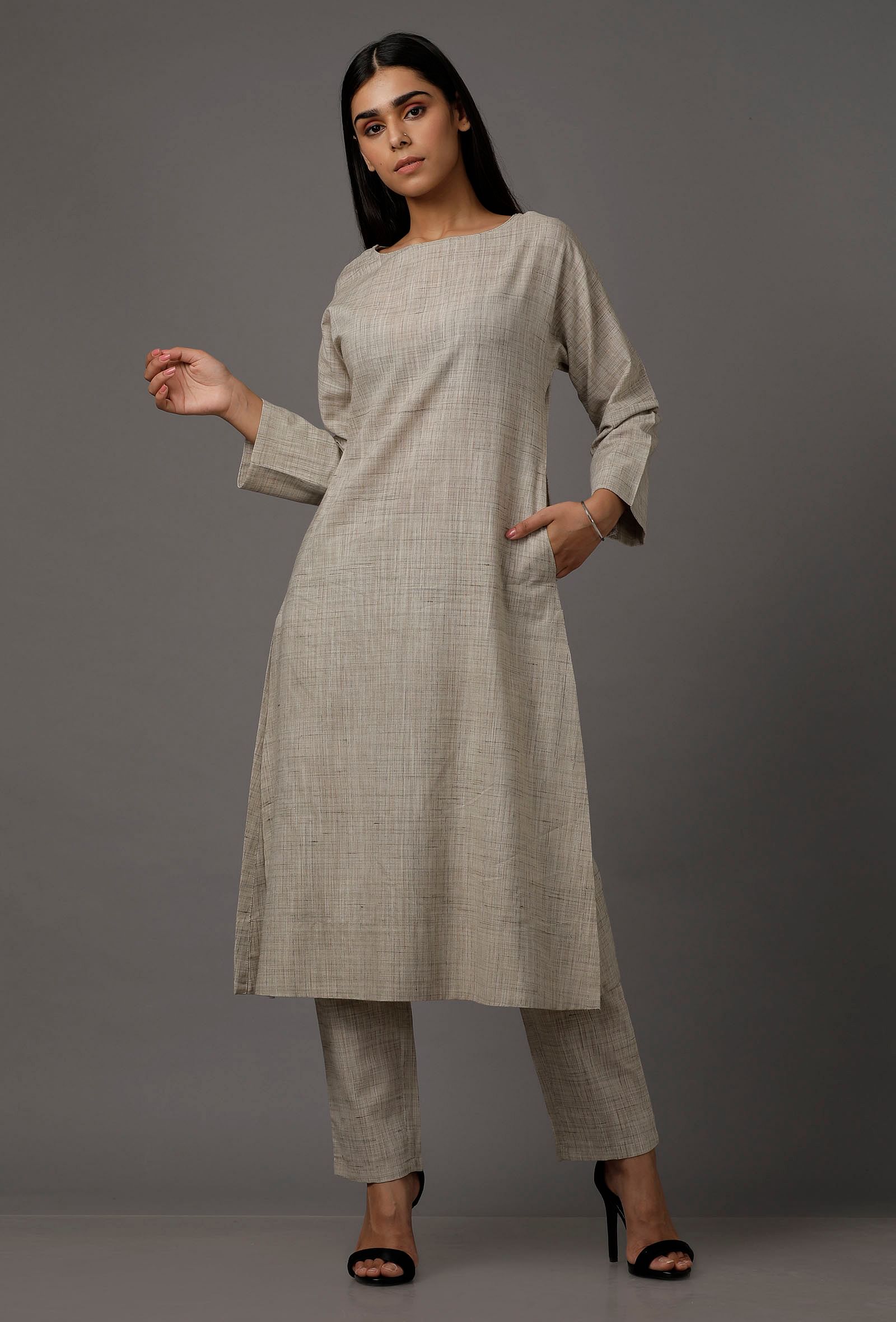 Grey Pure Woven Cotton Kurta
