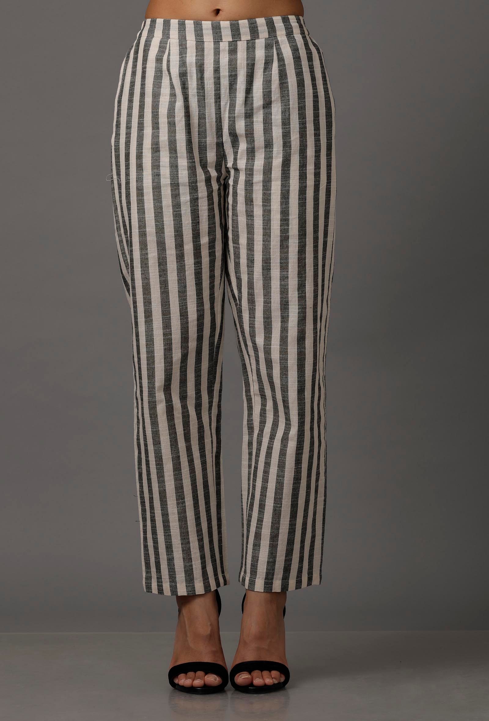 Black and White Stripes Pure Woven Cotton Pants