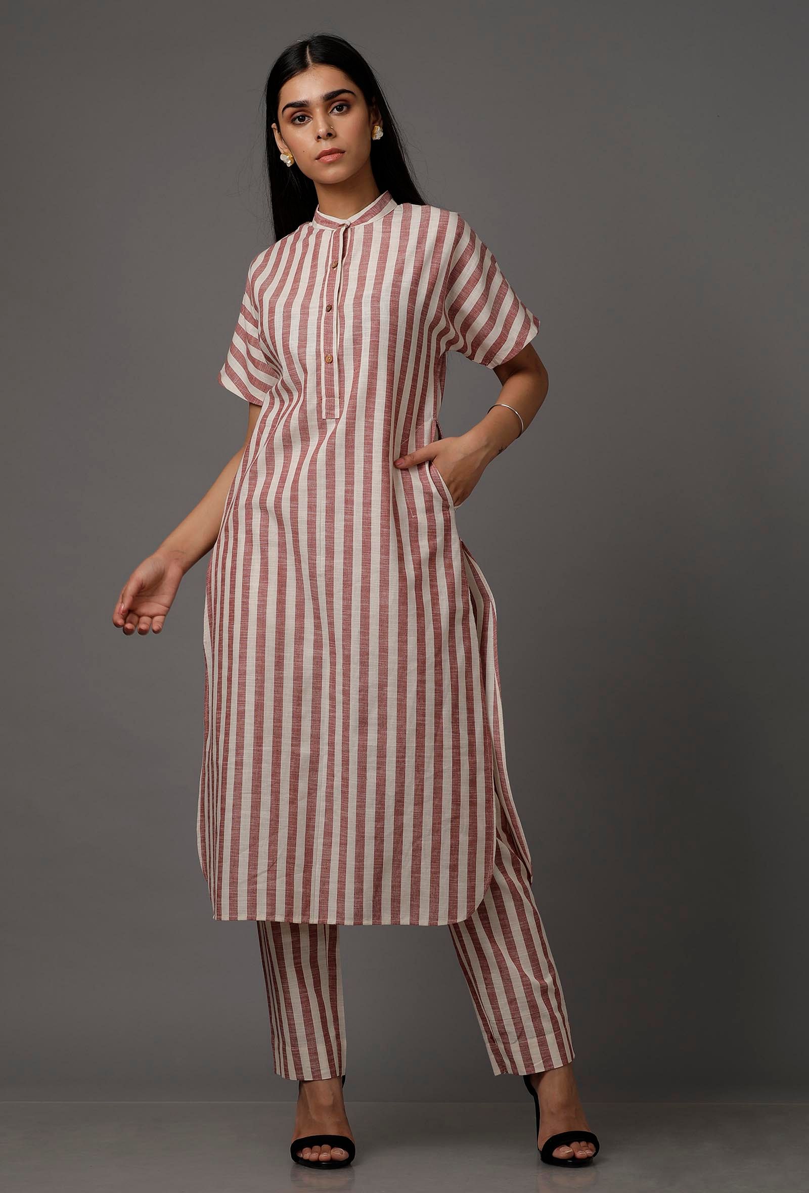 Red and White Stripes Pure Woven Cotton Kurta