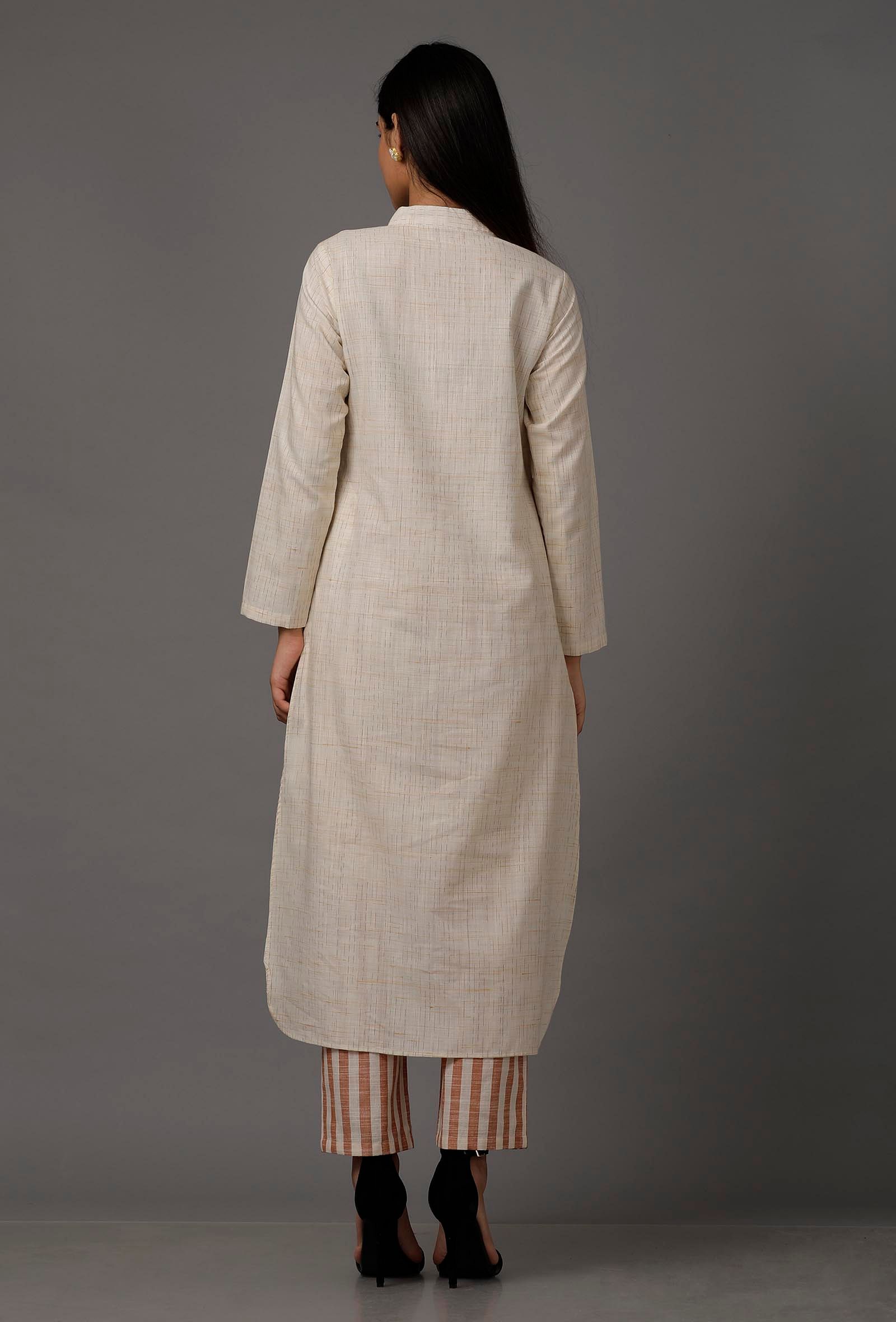 Cream White  Pure Woven Cotton Kurta