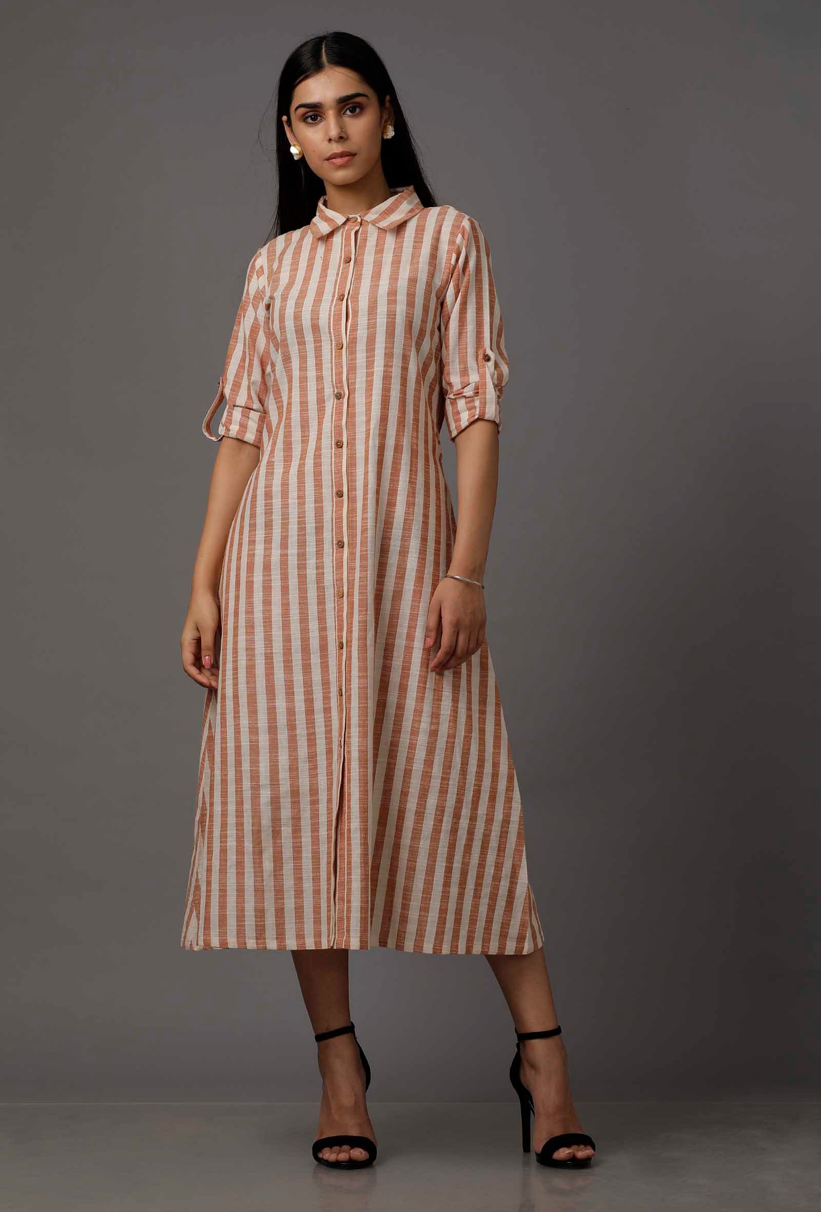Orange and White Stripes Pure Woven Cotton Dress