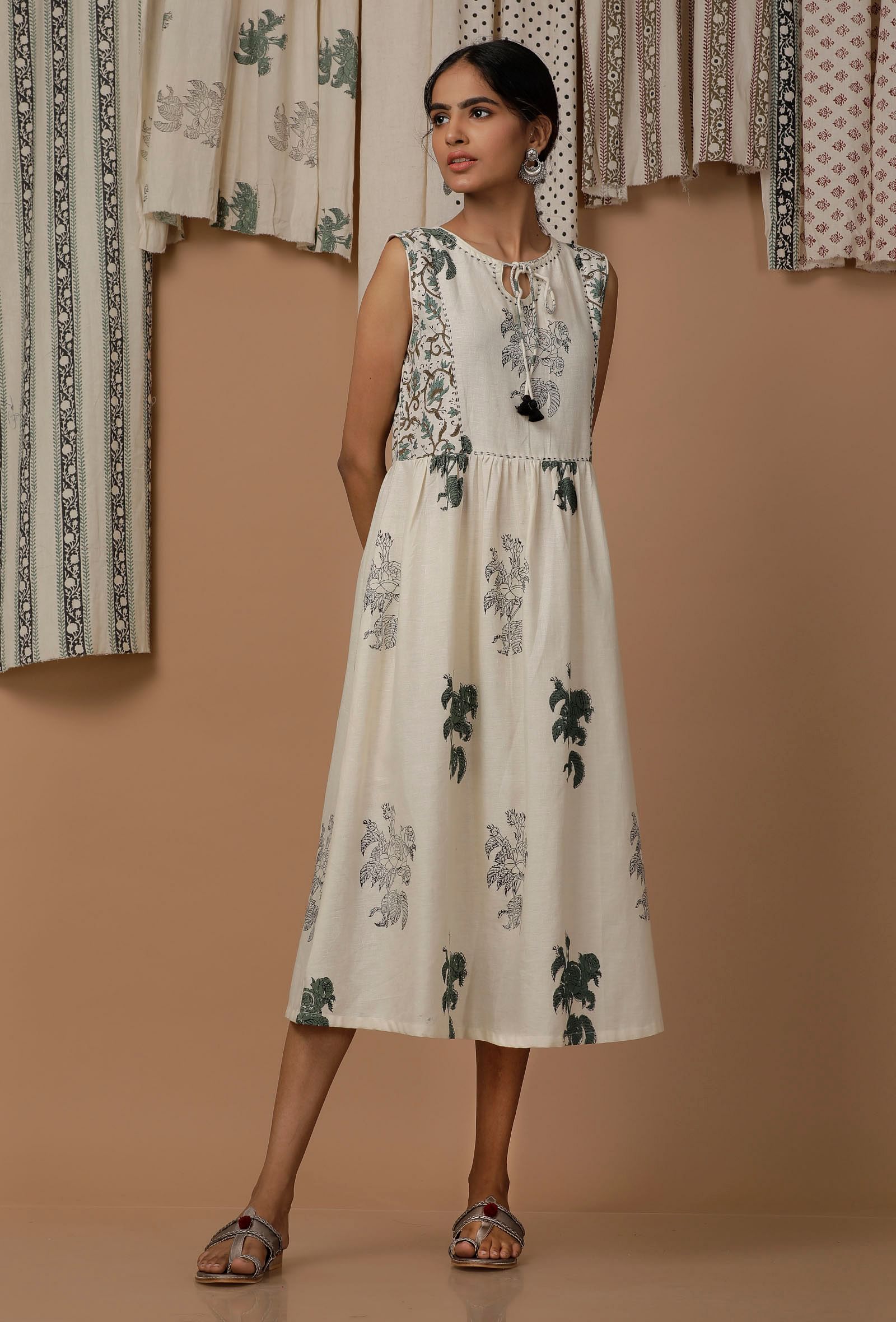 Off White Floral Hand Block Printed Cotton Flex Dress