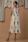 Off White Floral Hand Block Printed Cotton Flex Dress