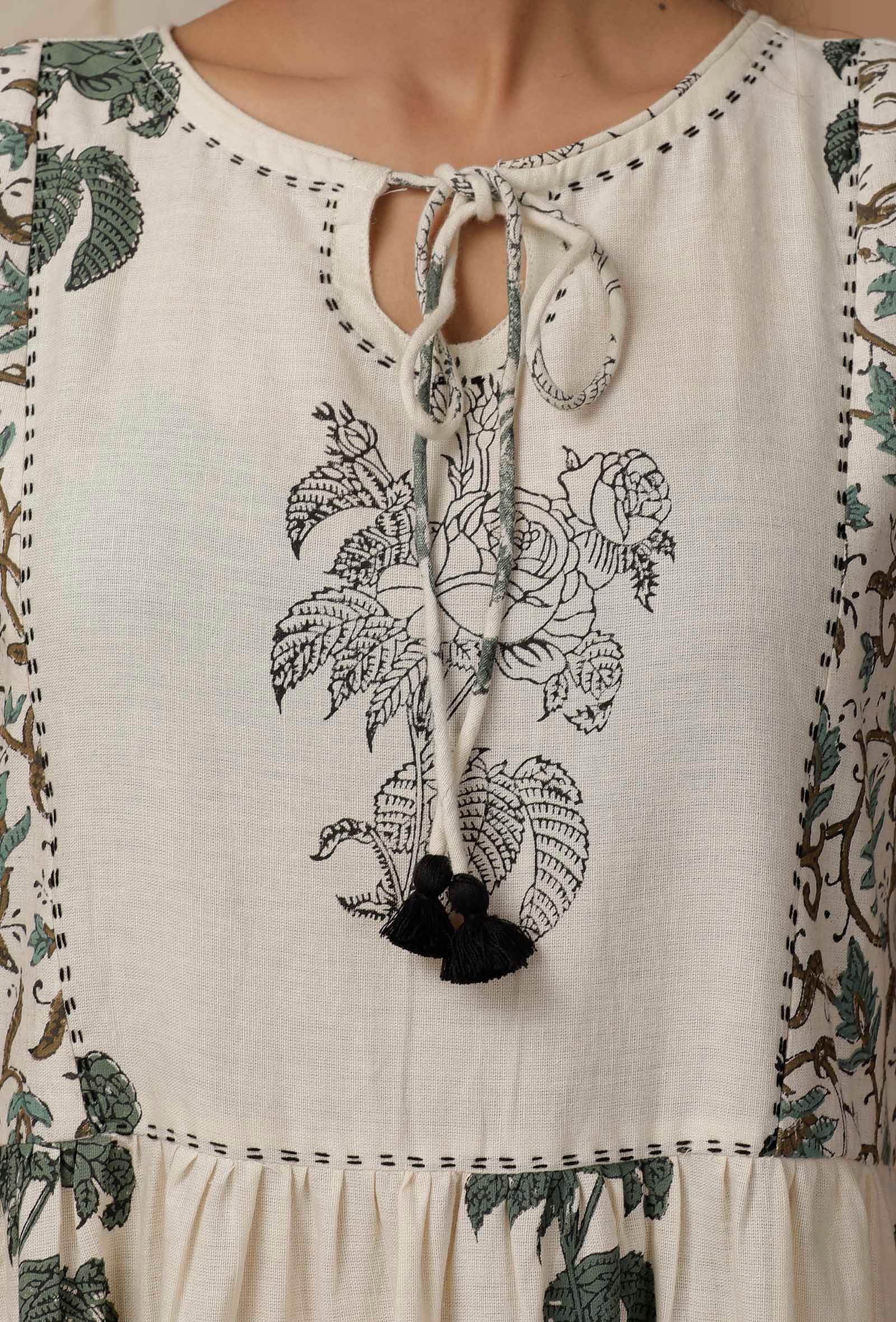 Off White Floral Hand Block Printed Cotton Flex Dress