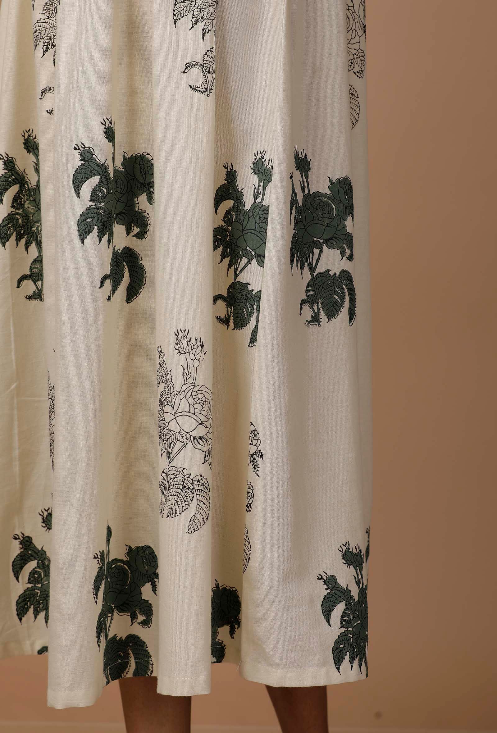 Off White Floral Hand Block Printed Cotton Flex Dress