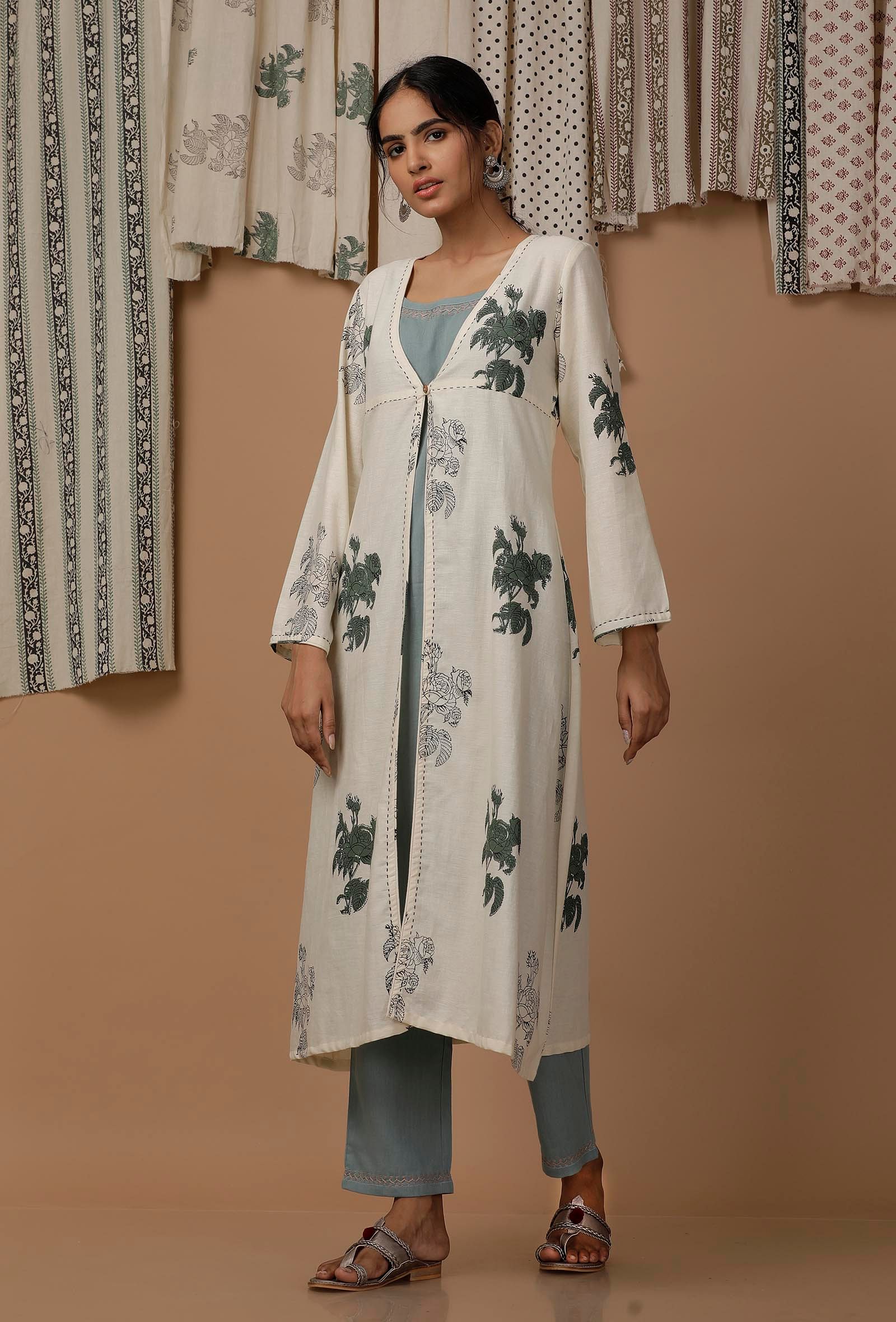 Set of 3 : Off White Floral Handblock Cotton Flex Cape and Powdered Blue Cotton Slip and Cotton Pants