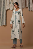 Set of 3 : Off White Floral Handblock Cotton Flex Cape and Powdered Blue Cotton Slip and Cotton Pants