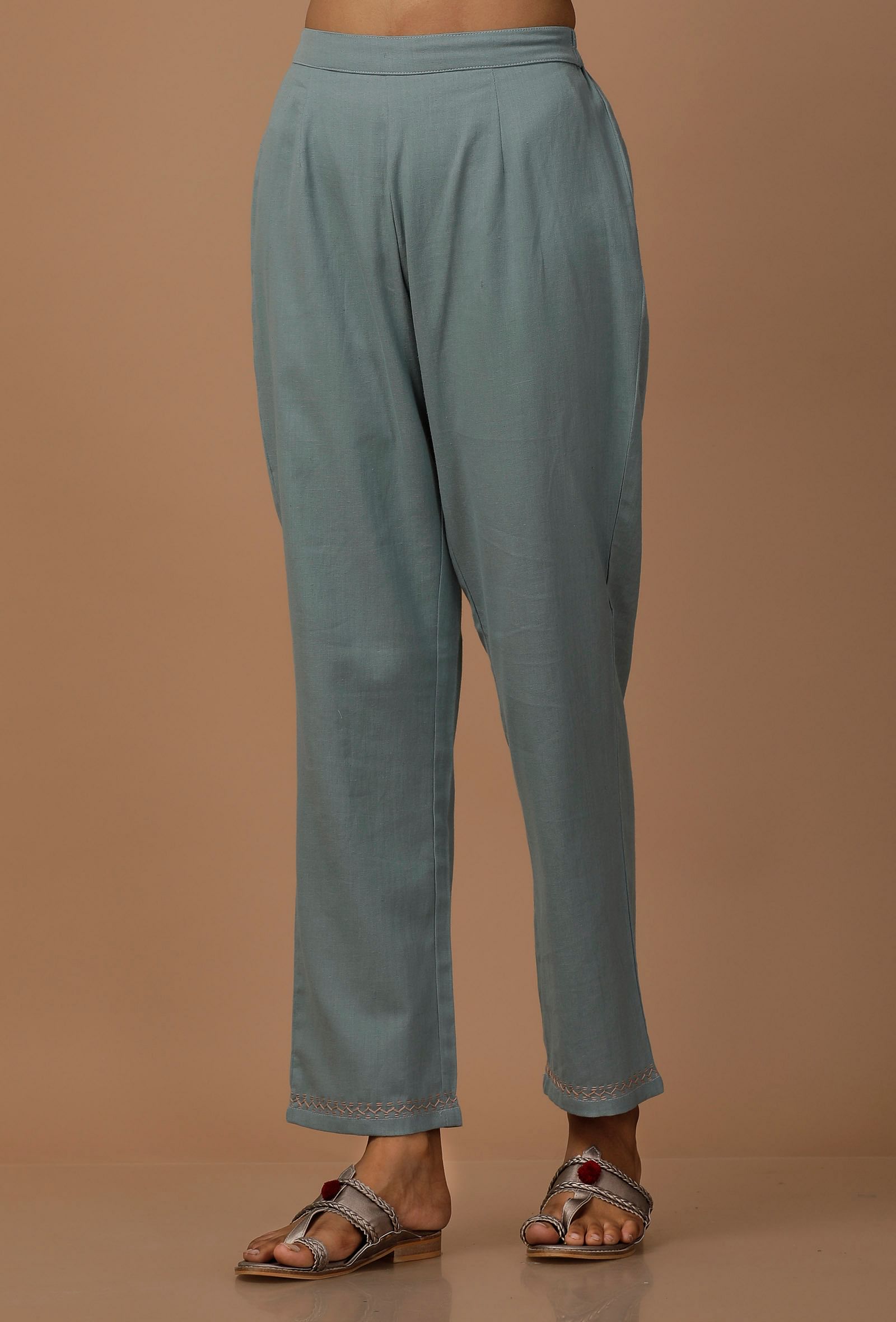 Set of 3 : Off White Floral Handblock Cotton Flex Cape and Powdered Blue Cotton Slip and Cotton Pants