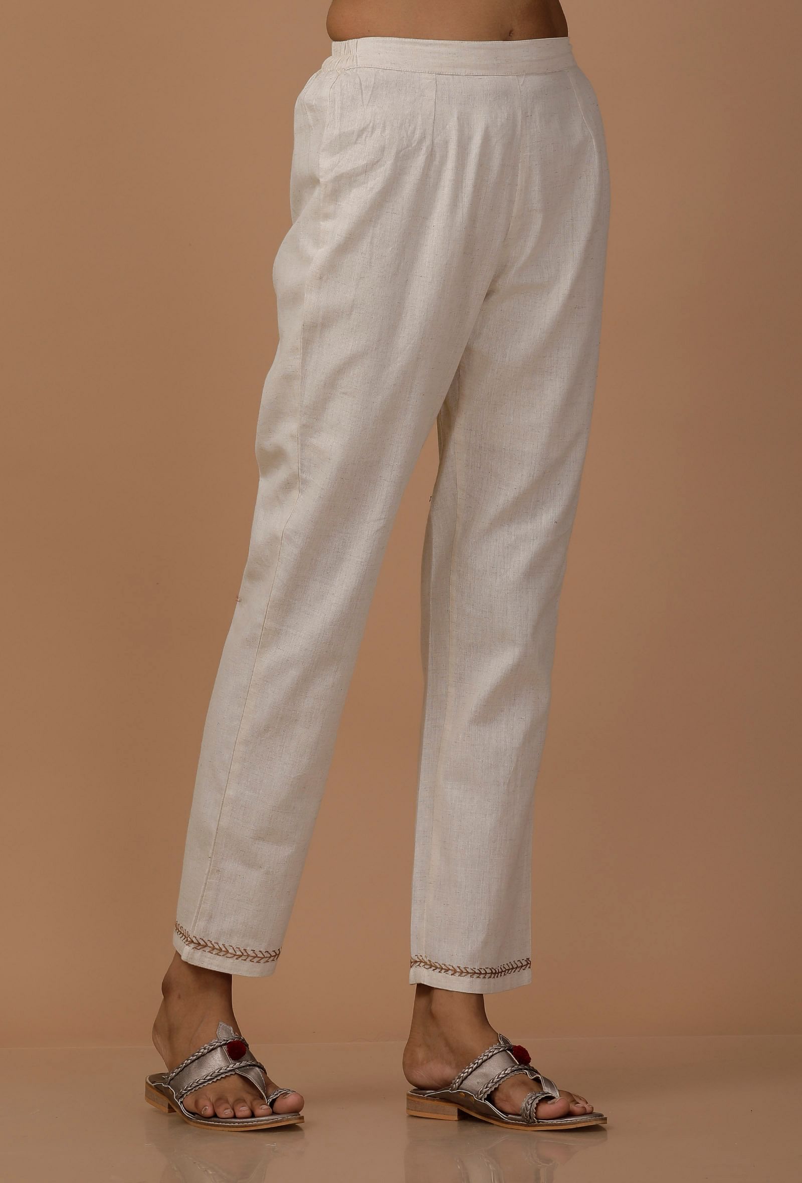 Off White Cotton Flex  Pants