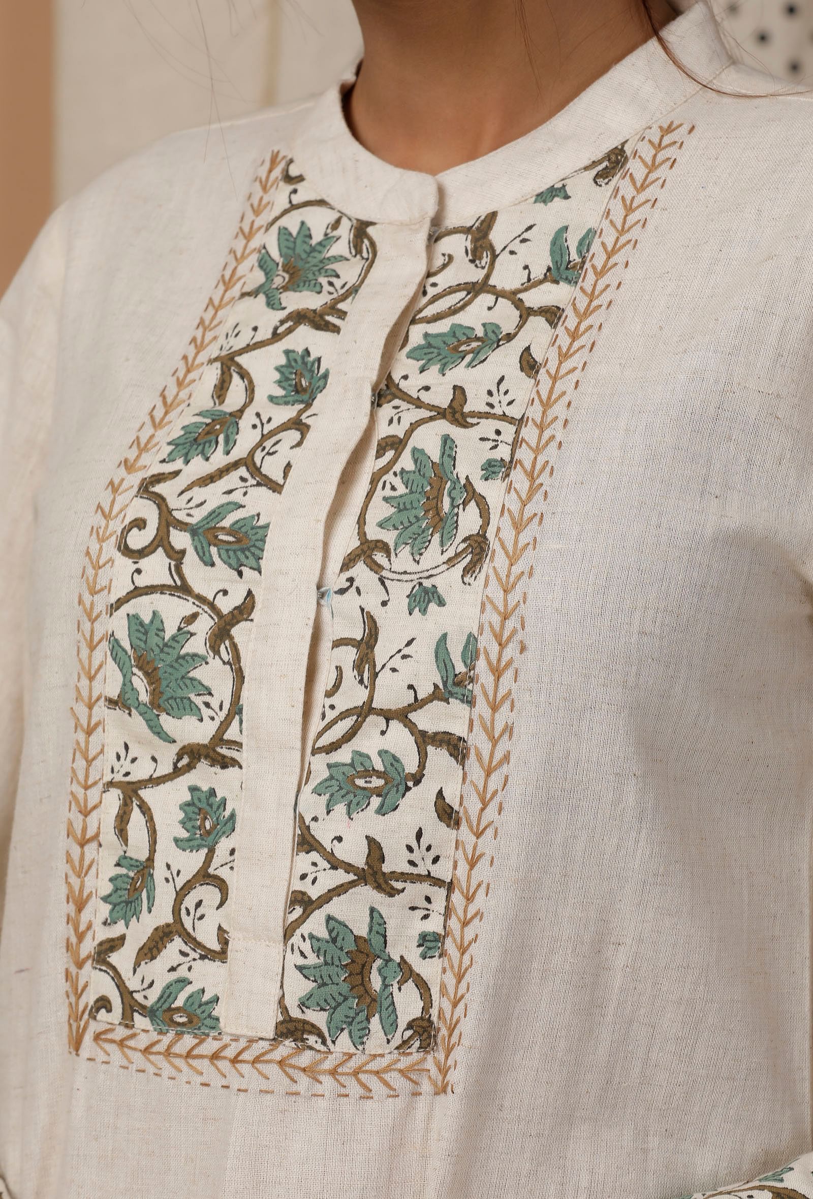 White and Green Bell Sleeves Cotton Flex  Kurta