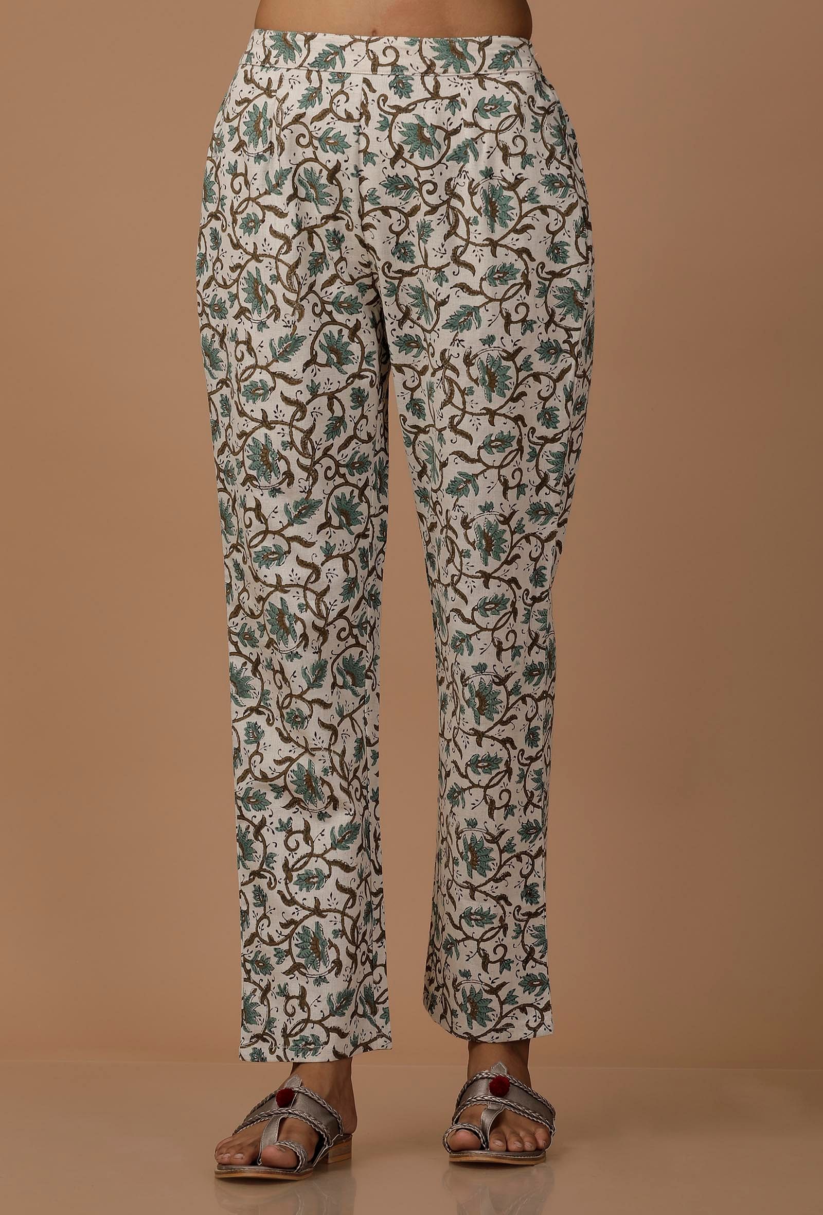 White and Blue Floral Cotton Flex Pants