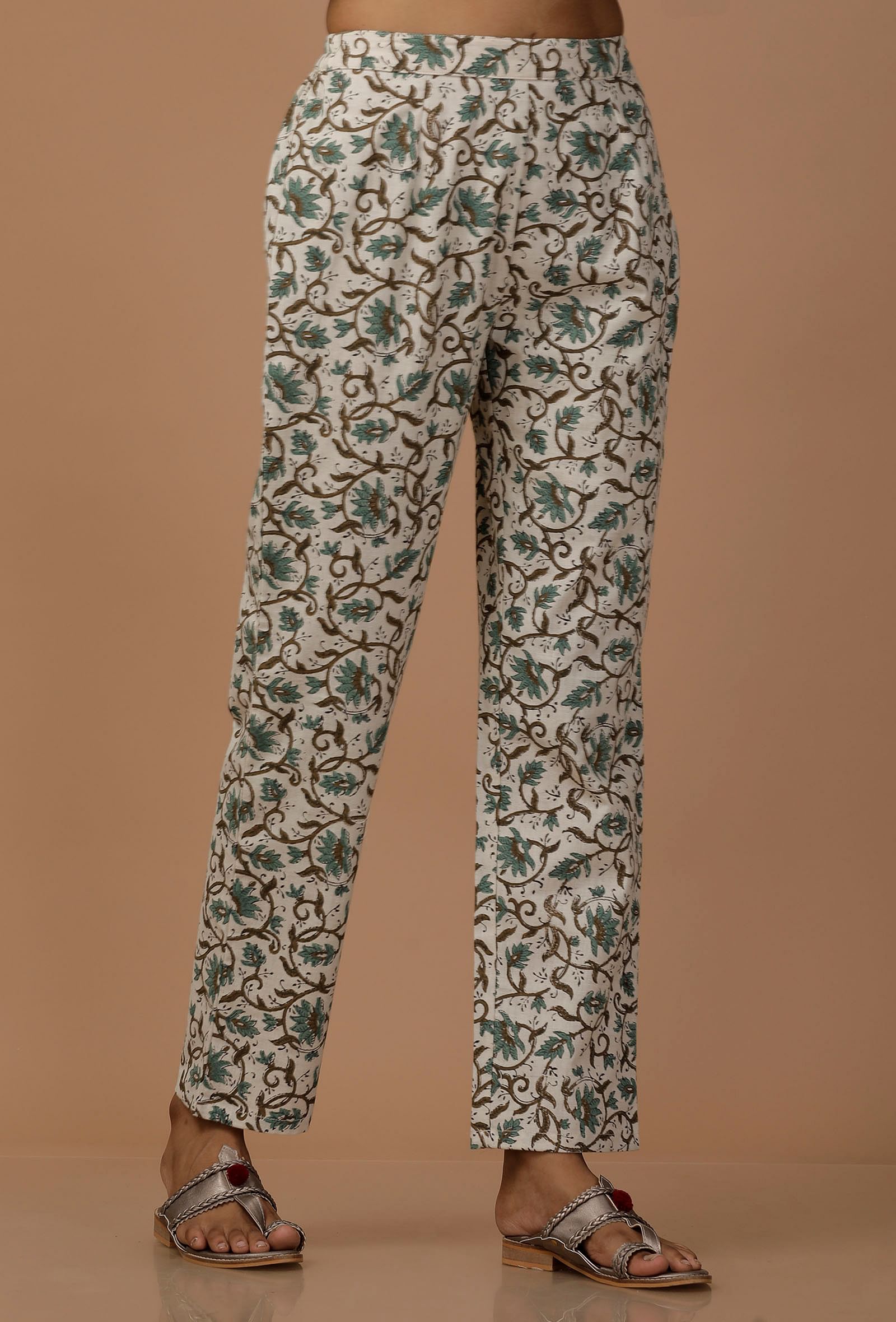 White and Blue Floral Cotton Flex Pants