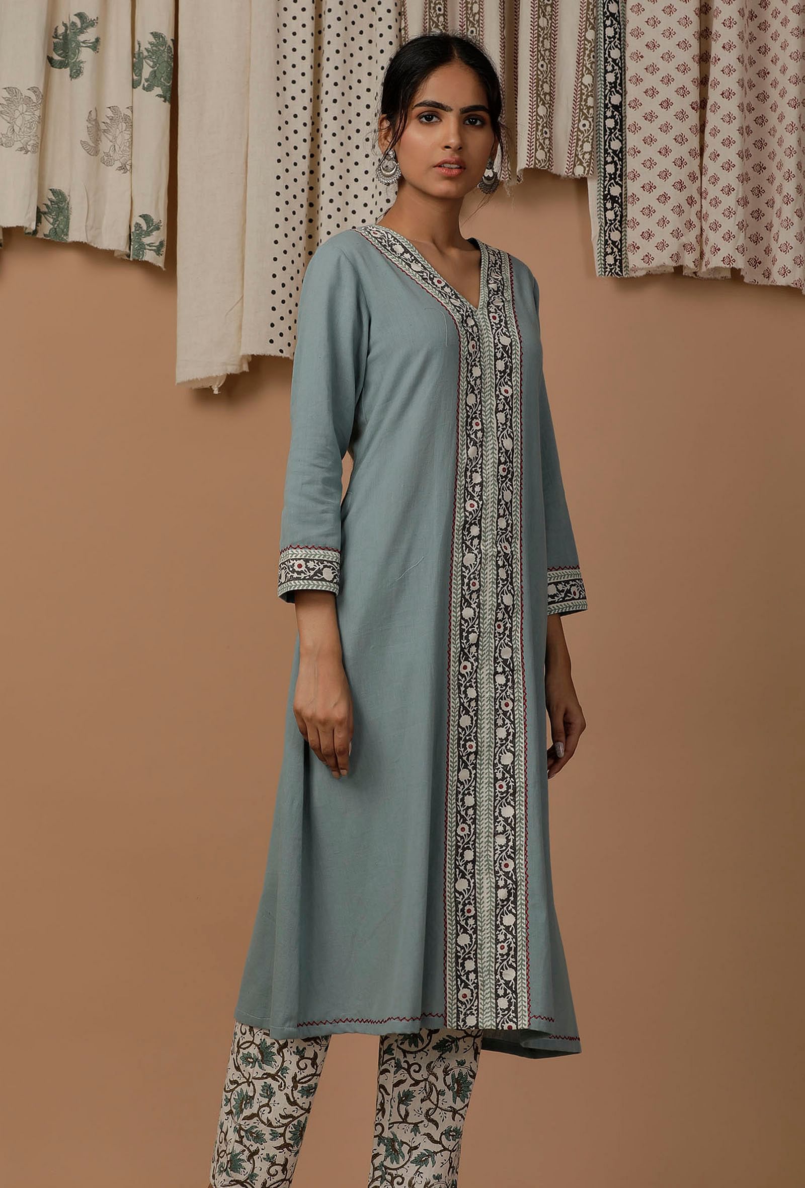 Pastel Blue Handblock Cotton Flex  Kurta