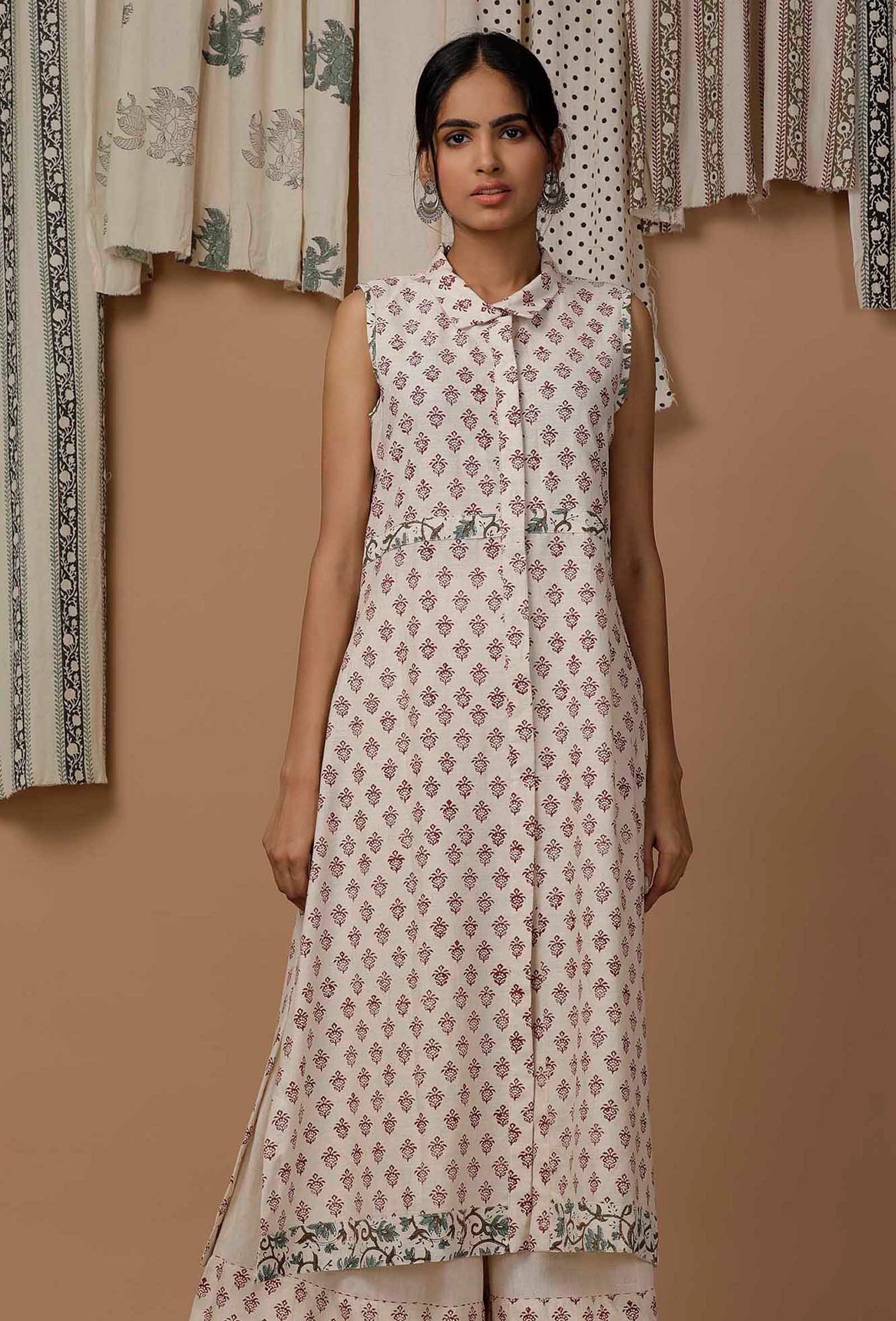 White and Maroon Handblock Cotton Flex Kurta